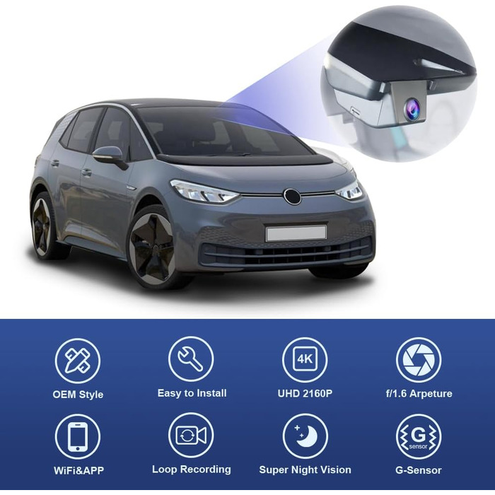 Відеореєстратор Fitcamx для VW ID.3 (2020-2026) та Seat Cupra Born, 4K UHD 2160P, WiFi, нічна зйомка, OEM дизайн, G-сенсор, циклічний запис, WDR, Plug & Play, з карткою пам'яті 64 ГБ