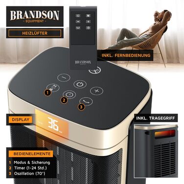 Керамічний обігрівач Brandson з пультом дистанційного керування: тихий, енергоефективний, з осциляцією, дитячим замком та таймером для ванної, вітальні, офісу, дитячої кімнати