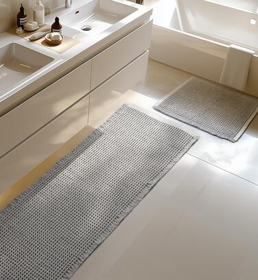 Boho Bathroom Rug Set - Non-Slip Bath Mats (2-Piece) - Washable Shower Rugs for Bathroom, Bedroom, Living Room - 51x120cm + 41x61cm (Gray & White)