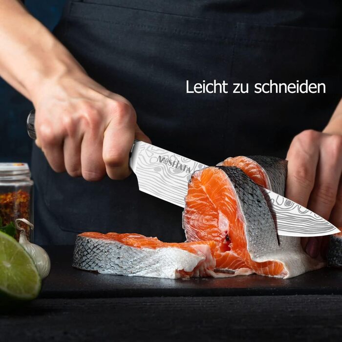 Набір кухонних ножів MOSFiATA 5 предметів з високоякісної вуглецевої нержавіючої сталі: Ніж Накірі 18 см, Універсальний ніж 13 см, Ніж для хліба, Точилка для ножів та Подарункова коробка