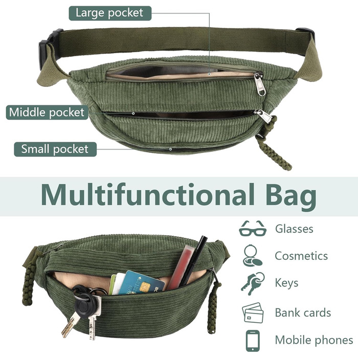 Жіноча сумка через плече, поясна сумка, сумка кросбоді з корду, стильна та практична нагрудна сумка, сумка на пояс, для спорту, подорожей, зеленого кольору