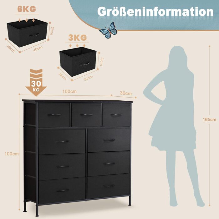 DUMOS Dresser with Drawers - Dressers & Sideboards for Bedroom Suitable, Dresser with 9 Drawers, Fabric Dresser with Sturdy Steel Frame, Ideal for Bedroom, Living Room (Black)