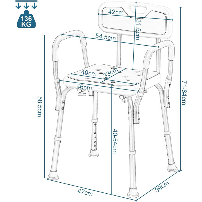 EUGAD Shower Chair, Shower Stool for Seniors, with Armrests and Backrest, Height Adjustable 6 Levels, 40 cm-54 cm, Non-Slip Shower Seat, Stable Bath Seat, Made of Aluminum and Plastic, White and Blue