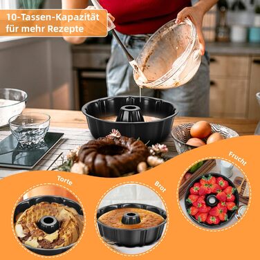 Форма для кексів Onader, карбонова сталь з антипригарним покриттям, 25,5 см, кругла, для випікання кексів, хліба, здоби, легко миється (чорна)