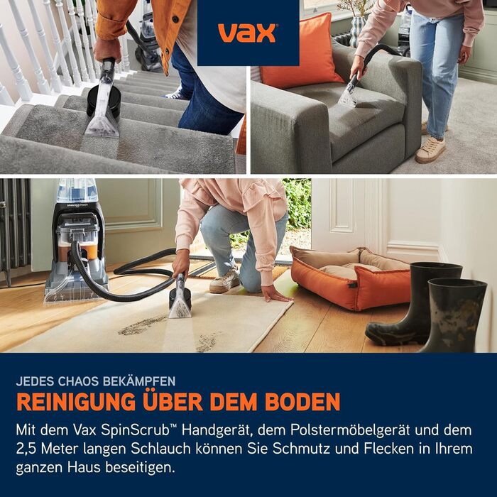 Vax SpinScrub Power Plus: Чистий дім без зусиль! Потужний мийник для килимів та м'яких меблів з технологією SpinScrub, XL-резервуар, швидке висихання та ефективне видалення плям. Підходить для дому.