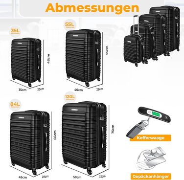 Набір валіз KESSER® 4 шт. з жорстким корпусом (S, M, L, XL) з ABS-пластику, телескопічною ручкою, вбудованою вагами та білгетом, коліщата 4 шт., замок, чорний