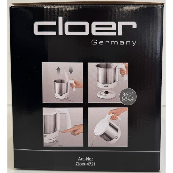 Електричний чайник Cloer 4701 з нержавіючої сталі, 1.5 л, 2200 Вт, з фільтром від накипу та захистом від перегріву, білий