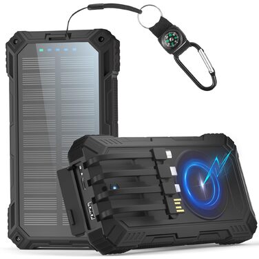 Портативний зарядний акумулятор Solar Powerbank 56800mAh з сонячною панеллю, 30W PD, 3.0A USB-C, 3 порти (2 USB та 1 Type-C), бездротовий заряд 15W, LED-індикатор, ліхтарик, чорний