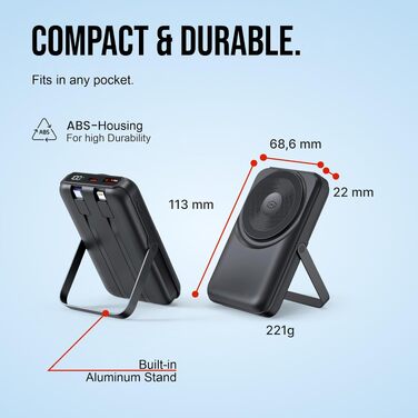 Універсальний Power Bank All-IN-ONE 10000 mAh чорний: швидка зарядка 22.5W, PD 20W, бездротова зарядка 15W, зарядний пристрій для Apple Watch, вбудовані кабелі USB-C та Lightning, LED-дисплей, алюмінієва підставка