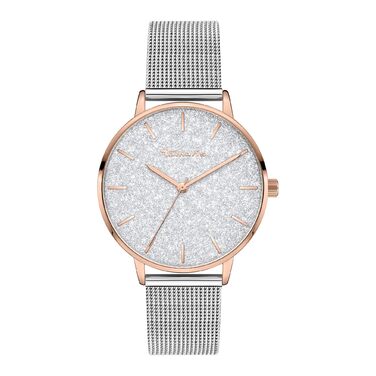 Годинник наручний Tamaris для жінок, кварцовий, аналоговий, 36 мм, з браслетом з нержавіючої сталі, з блискітками, водостійкий 3 ATM (двоколірний рожево-золотий сітковий браслет / циферблат з блискітками)