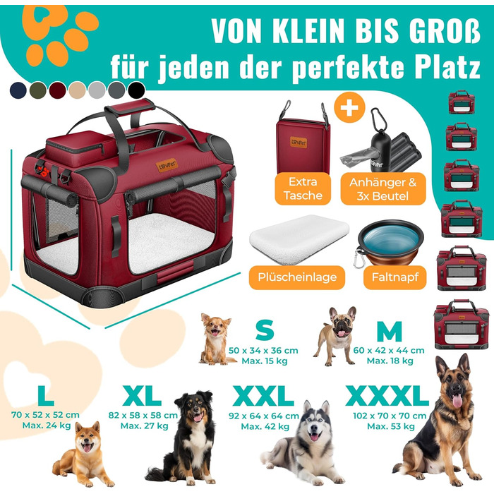 Транспортна переноска для собак та котів (XXL, Бордовий/Червоний) з мискою та плечовим ременем