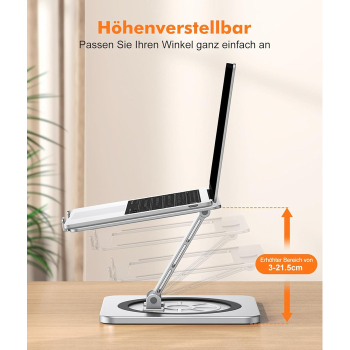 Підставка для ноутбука з поворотним столом 360°, регульована, алюміній, ергономічна, з вентилятором, складна, для MacBook Air/Pro (10-16')