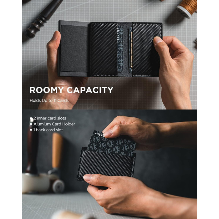 VULKIT Картхолдер Pop-up RFID захист. Шкіряний картник для 11 карток та купюр. Чорний карбон