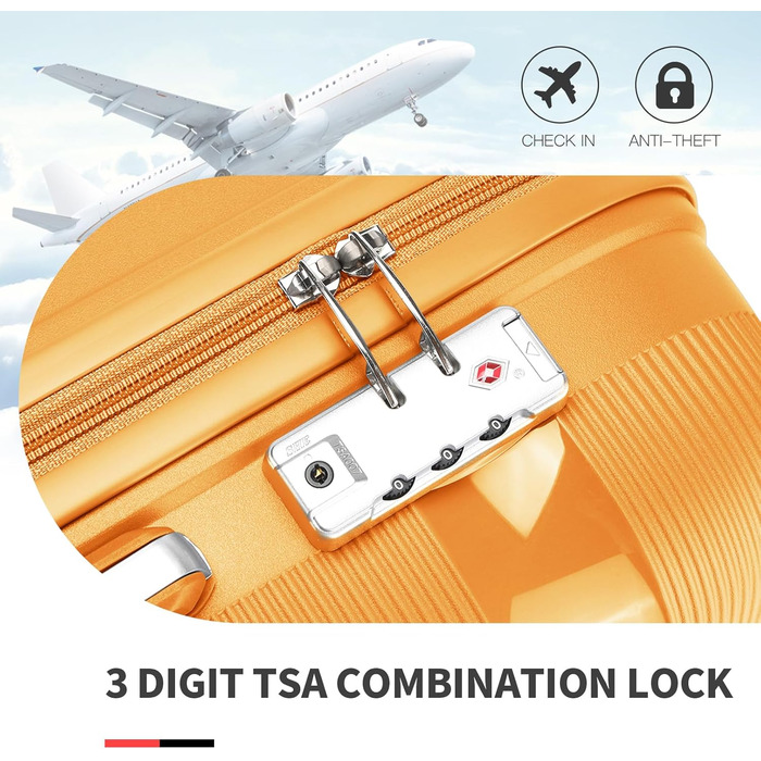 Чемодан для ручної поклажі з 4 колесами, оранжевий, з TSA-замком та YKK-блискавкою, з косметичкою
