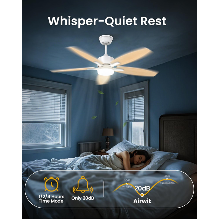 Стелянка вентилятор 106 см з підсвіткою, двосторонні лопаті, тихий вентилятор з LED-лампою та пультом керування, для спальні/вітальні, DC мотор, штанга світлого дерева