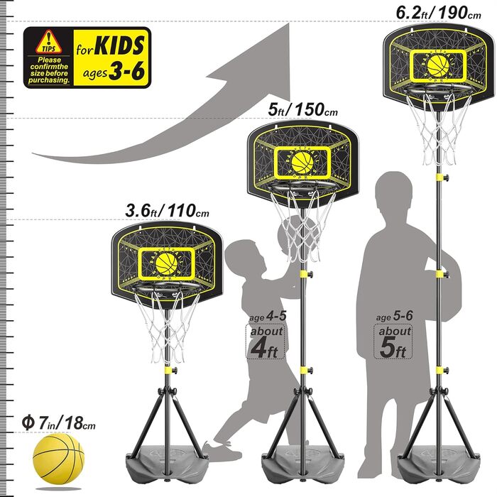 GILIKOKO Adjustable Basketball Hoop Set - Outdoor & Indoor Kids Basketball Set with Stand (110-190cm)