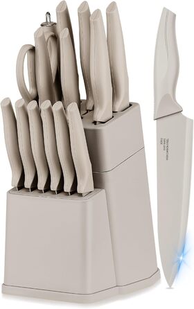 Набір ножів Joyfair 15 предметів з бруском, з високоякісної нержавіючої сталі, кухонний набір ножів для нарізки та подрібнення (Хакі)