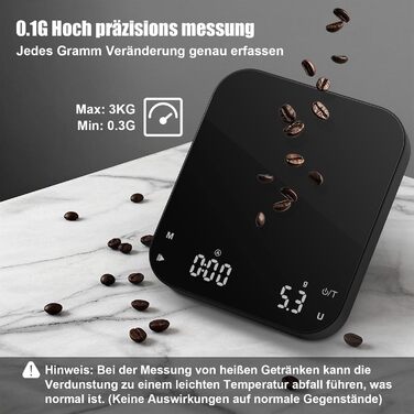 Ваги для кави Diyife з таймером, 3 кг/0,1 г, перезаряджувані, з HD LCD дисплеєм, функцією тарування, портативні, високоточні ваги для еспресо та френч-пресу, чорний M