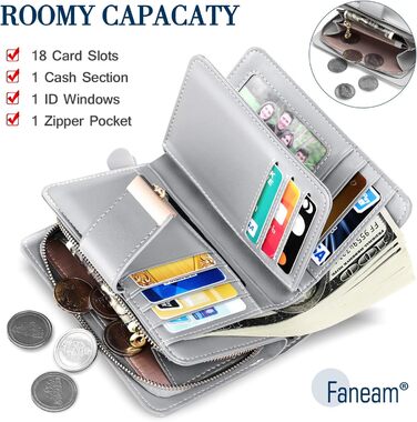 Жіночий гаманець Faneam з натуральної шкіри з RFID захистом, багато відділень для карт, компактний портмоне на блискавці з ланцюжком і ремінцем