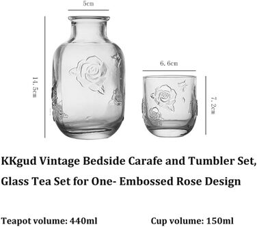 Vintage bedside table carafe and cup set, glass tea service for one person, embossed rose design (transparent)