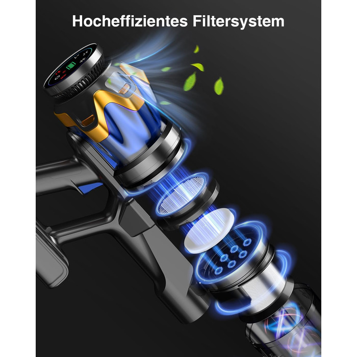 Бездротовий акумуляторний пилосос 45000 Па/550 Вт/65 хв, об'єм 1,6 л з дисплеєм, антизаплутувальною насадкою, самостійне стояння, док-станція на стіні, 8-шарова фільтрація, тиха робота, для шерсті тварин/килимів/твердих підлог/автомобіля, блакитний