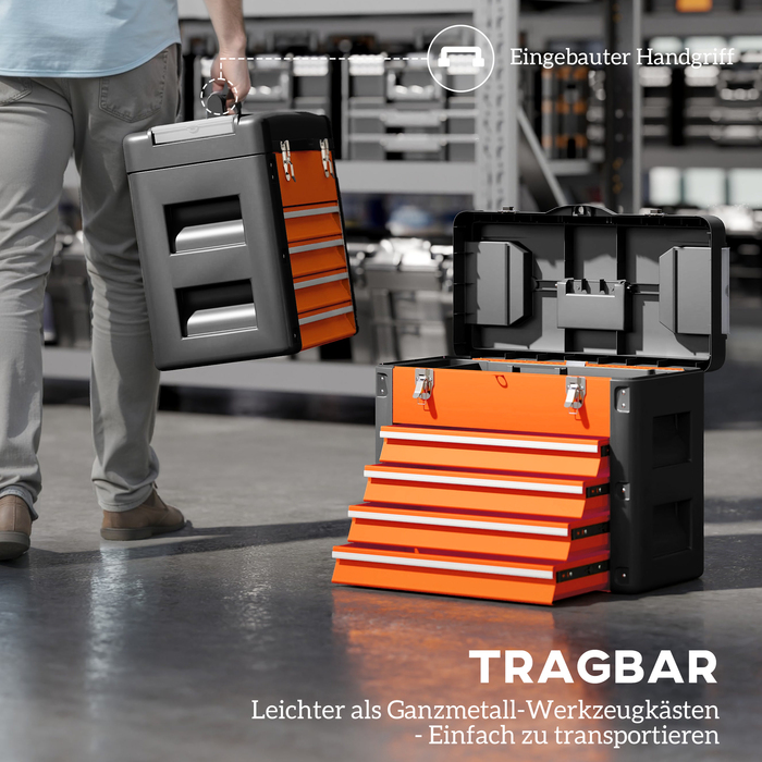 HOMCOM Empty Tool Box, 49.7 x 25.3 x 40.7 cm Tool Chest with 4 Drawers, Mini-Box, Top Storage Compartment, Handle, Steel Tool Case, Orange | Aosom