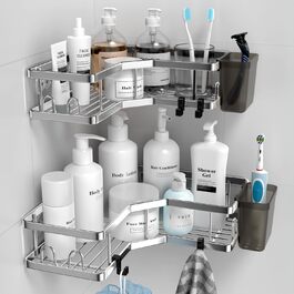 FINIBO Shower Shelf No Drilling, 2 Pack Self-Adhesive Corner Shelf Bathroom Organizer, Shower Shelf Stainless Steel with 4 Hooks and 2 Toothpaste Holders, Black Shower Shelf Shower Basket for Bathroom Kitchen