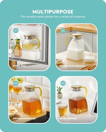 Baffect Water Jug, Glass Carafe with Stainless Steel Lid, Leak-Proof Refrigerator Door Carafe for Hot or Cold Drinks (1.8 L/63 oz.)