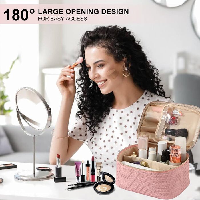 Жіноча косметичка для подорожей, водонепроникна, з відділенням для пензлів, з PU шкіри, велика, органайзер, сумка для макіяжу (Хвилястий зелений) (Світло-рожевий)