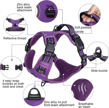 Нашийник для собак No-Pull, грудна шлейка для малих, середніх та великих собак - м'яка, дихаюча, регульована, світловідбиваюча, анти-тяга з м'яким гачком, фіолетовий M