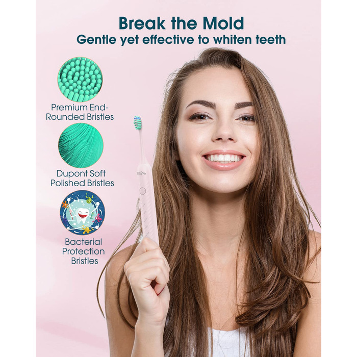 Електрична зубна щітка для дорослих з 6 насадками, акумуляторна звукова щітка, рожева (1 шт.) - тривала робота до 180 днів