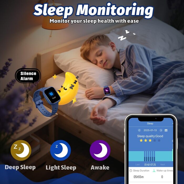 Дитячий розумний годинник Kinder Smartwatch для дівчаток та хлопчиків, водонепроникний (IP68), фітнес-трекер з пульсометром, монітором сну, іграми-пазлами та додатком, подарунок для підлітків 6+ (блакитний)
