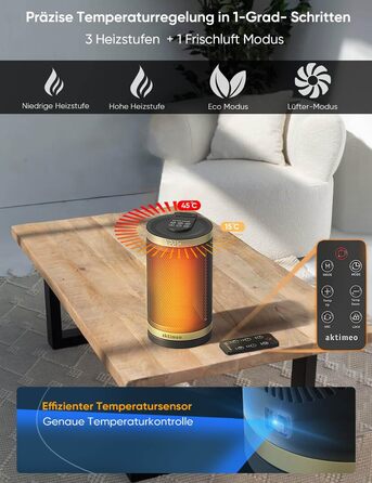 Електричний обігрівач NEU 1500W з керамічним нагрівачем, термостатом, захистом від перегріву, нахилу та для дітей, таймером 12 год, з пультом керування, золотий, Classic