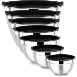Homikit Mixing Bowl Set, Stainless Steel Bowl 7-Piece Set, Salad Bowl with Airtight Lid for Cooking/Baking/Serving, Nesting & Dishwasher Safe, 6.5/4.5/2.7/2.5/1.5/1.2/0.7L, Black