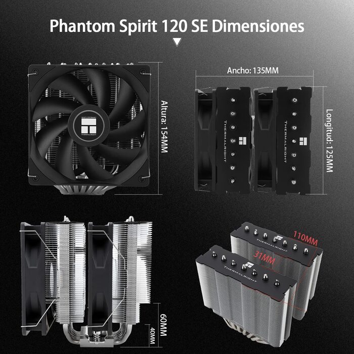 Thermalright Phantom Spirit 120 SE: Повітряний кулер для CPU з 7 heatpipes, 120mm вентилятором, технологією AGHP 4.0 та S-FDB підшипником. Сумісний з AMD AM4/AM5 та Intel 1700/1150/1151/1200 сокетами.