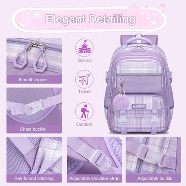 Шкільний рюкзак для дівчаток з візерунком, дихаючий та водовідштовхуючий рюкзак для 1-5 класів (рюкзак для дітей + ізольована ланч-торбинка + пенал, фіолетовий)