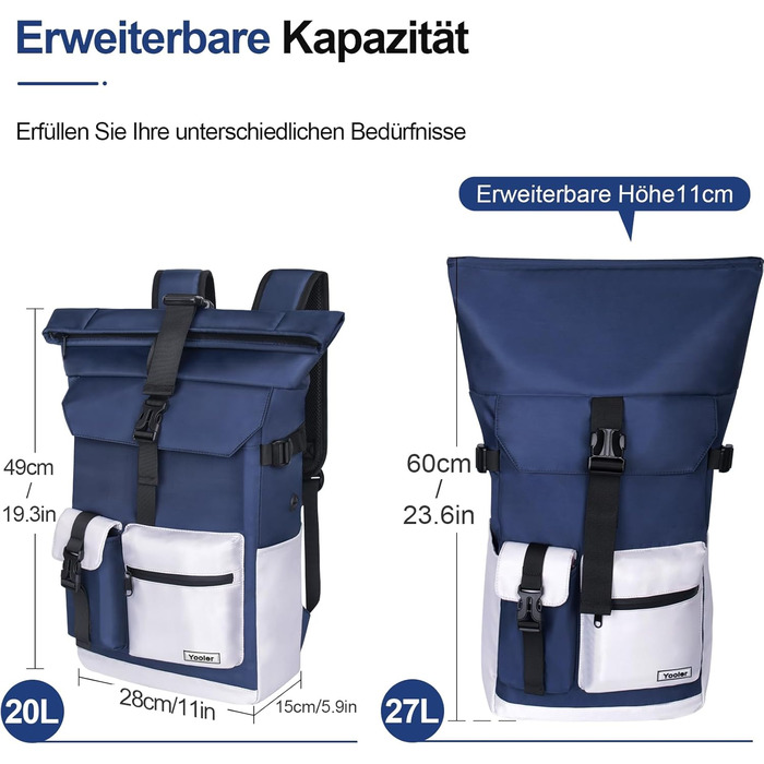 Roll-Top Backpack Waterproof, 27L Large Backpack Men Women, School Backpack with 17.3 inch Laptop Compartment, Travel Backpack Hiking Backpack for Business, Work, University, Travel, Leisure (Blue)