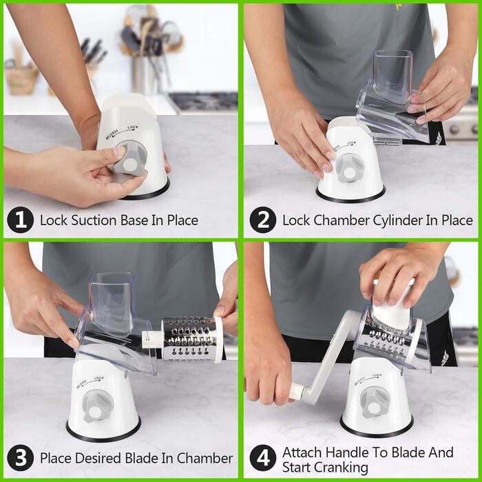 Механічна тертка для сиру та овочів Diealles Shine з ручкою, 3 змінні леза з нержавіючої сталі, для сиру, овочів, горіхів, кави, білий колір