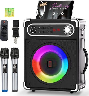 Караоке-система з 2 бездротовими мікрофонами, Bluetooth 5.3, LED-підсвітка, регулятор басів/високих, пульт ДК, FM/AUX/USB/TF, чорний