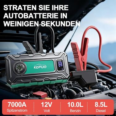 Бустер для автомобіля 7000A Jump Starter Powerbank 12V для бензинових (до 8л) та дизельних (до 6.5л) двигунів з LED-ліхтарем та набором аксесуарів (Блакитно-зелений)