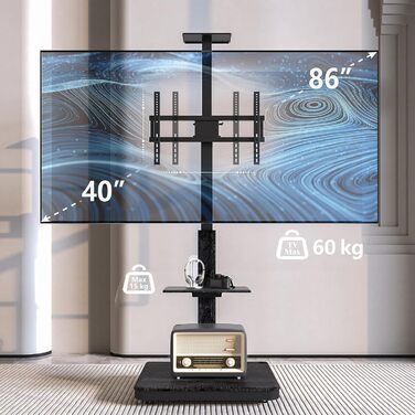 Моторний підставка для телевізора XTRARM Elite: регулювання висоти, VESA 600x400, максимальне навантаження 60 кг, з полицями та стійкою для кабелів (Білий/Чорний)