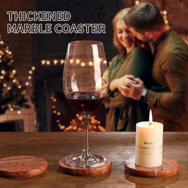 HAMAKAWA Genuine Natural Marble Coasters, Set of 4, Red Stone Coasters Φ10cm, Modern Round Travertine Drink Coasters for Home Decoration, Coffee Table, Office
