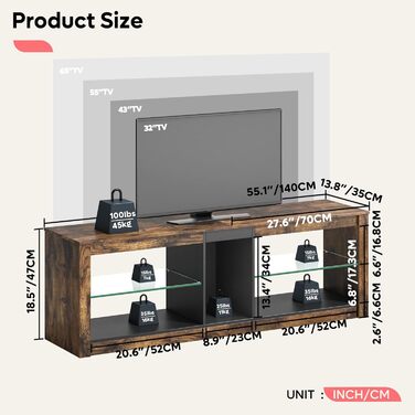 ТВ-тумба Bestier для телевізорів до 65 дюймів, 140×35×47 см, з LED-підсвіткою, кабель-менеджментом, скляною полицею, коричнева