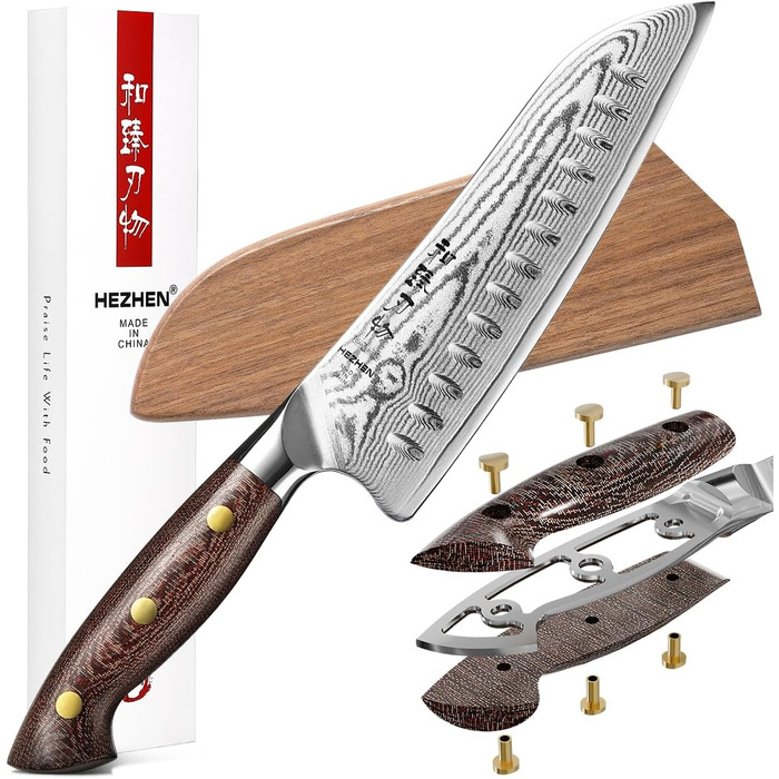 HEZHEN 21см ніж шеф-кухаря з дамаської сталі, 67 шарів, професійний кухонний ніж з дерев'яною піхвою, Full Tang ручка з Micarta