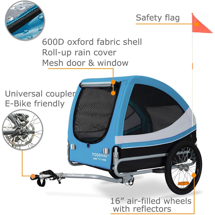 DOGGYHUT® Tobi - великий велопричіп для собак, 35 кг, блакитний