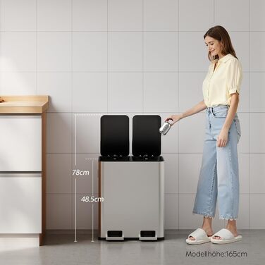Відро для сміття WLIVE кухонне 30л з роздільним збором (2х15л), педаль, нержавіюча сталь, сріблястий - для кухні, ванної, офісу