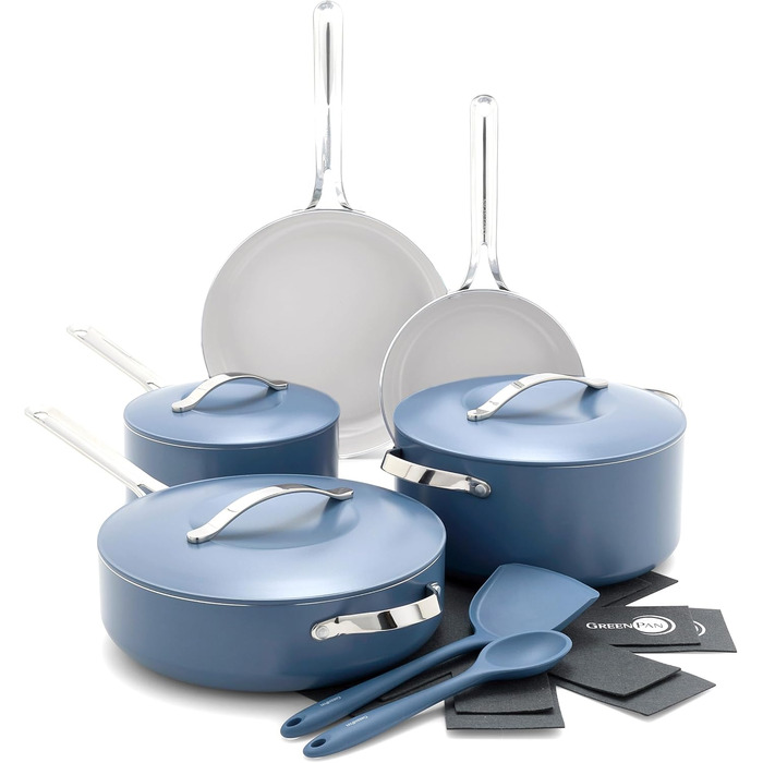 Набір кухонного посуду GreenPan Nova 13 предметів: каструлі, сковороди, кришки, синій. Без PFAS, керамічне антипригарне покриття.