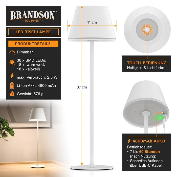 Світлодіодний акумуляторний настільний світильник Brandson з димером (3 в наборі) - білий. Бездротовий, сенсорний, з регулюванням яскравості (теплий/нейтральний/холодний білий). Металевий світильник для столу, нічника, читання, в приміщенні/на вулиці.