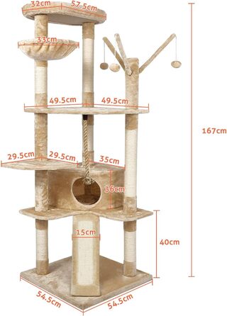 Котячий будиночок Meerveil з когтеточкою, 167 см, XL, з гамаком та печерами, бежевий