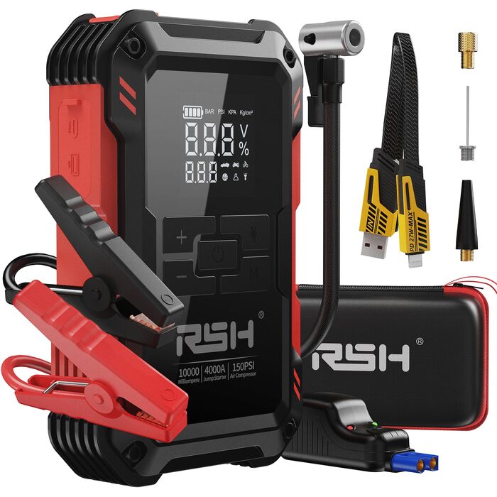 Пауербанк для прикурювання RSH 12V 4000A з компресором 150 PSI, пусковий пристрій для бензину до 9.0л та дизеля до 6.5л, 4-в-1 для автомобіля: прикурювання, помпа, Power Bank 10000 mAh, LED ліхтар, чорний